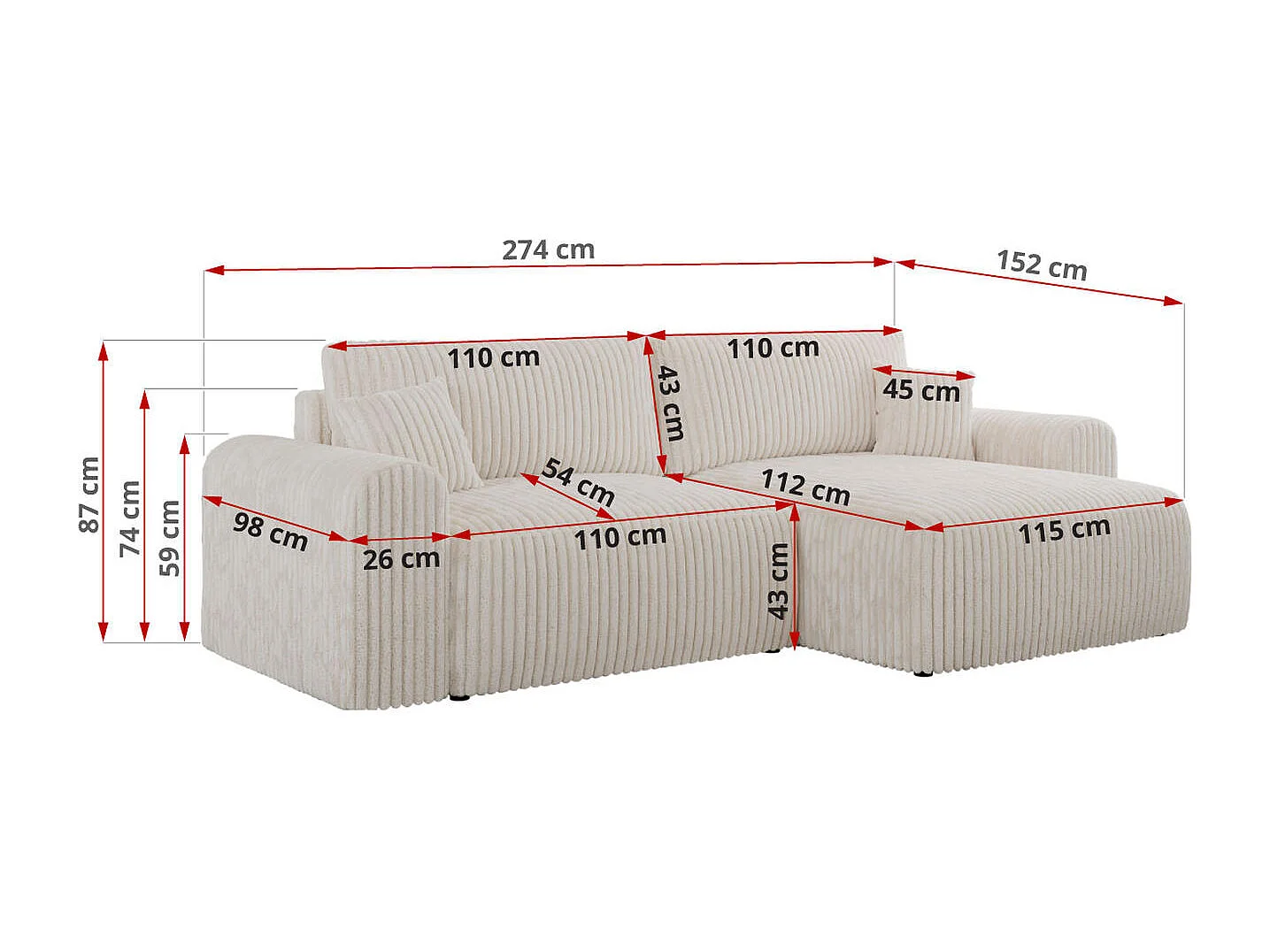 Ecksofa NELSON - Schlafcouch mit Armlehnen und Bettkasten, universelles L-förmige Ecksofa - Beige Cord