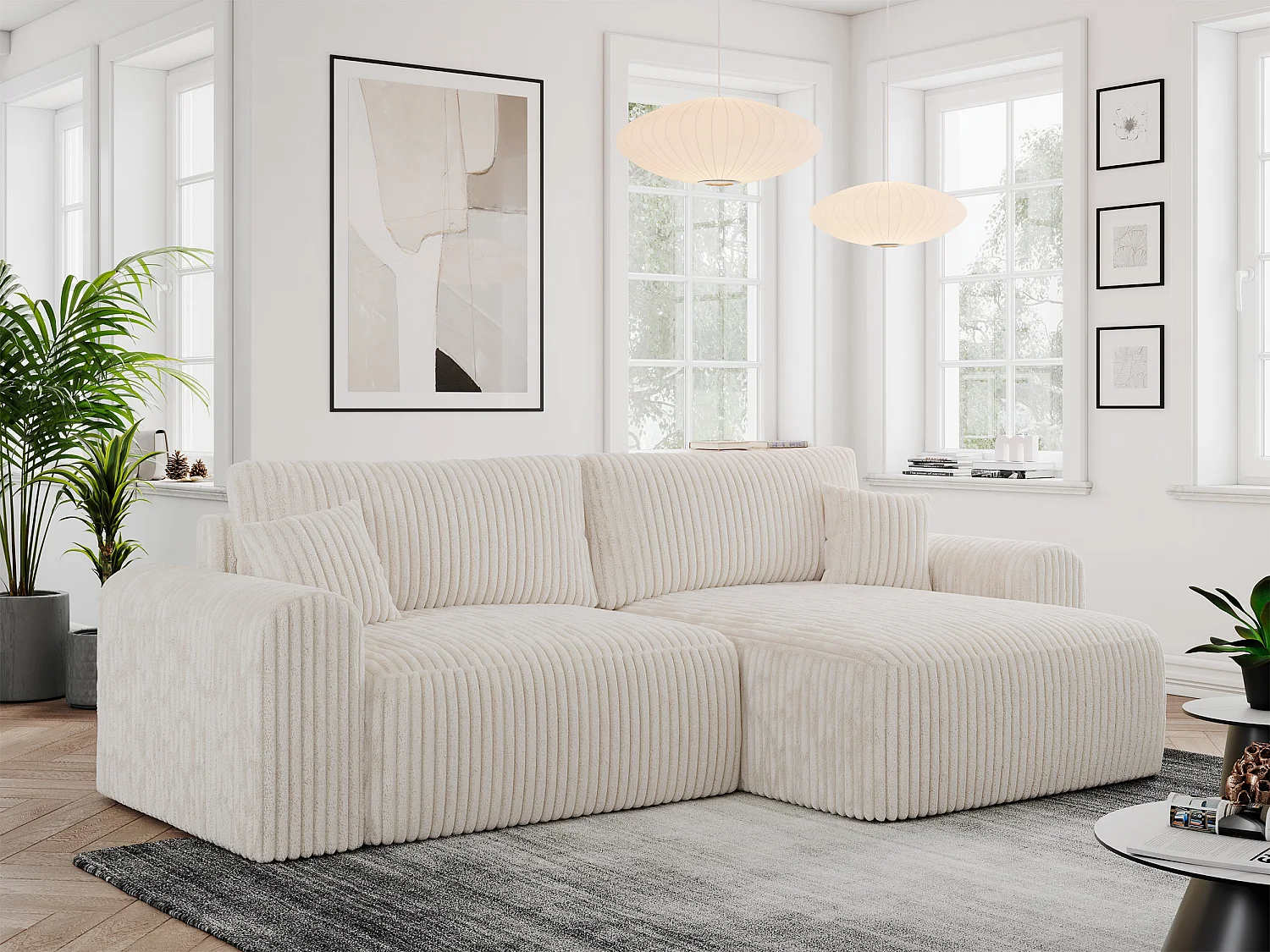 Ecksofa NELSON - Schlafcouch mit Armlehnen und Bettkasten, universelles L-förmige Ecksofa - Beige Cord