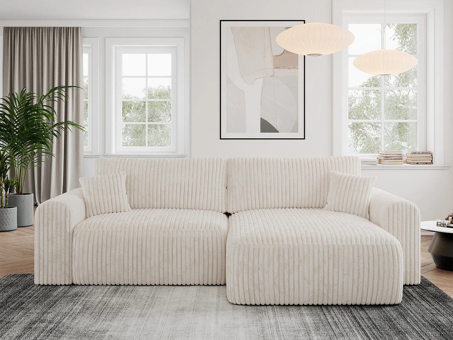 Ecksofa NELSON - Schlafcouch mit Armlehnen und Bettkasten, universelles L-förmige Ecksofa - Beige Cord