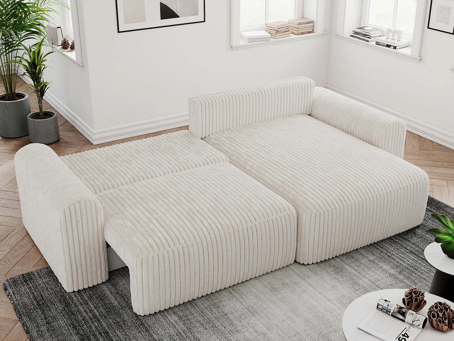 Ecksofa NELSON - Schlafcouch mit Armlehnen und Bettkasten, universelles L-förmige Ecksofa - Beige Cord