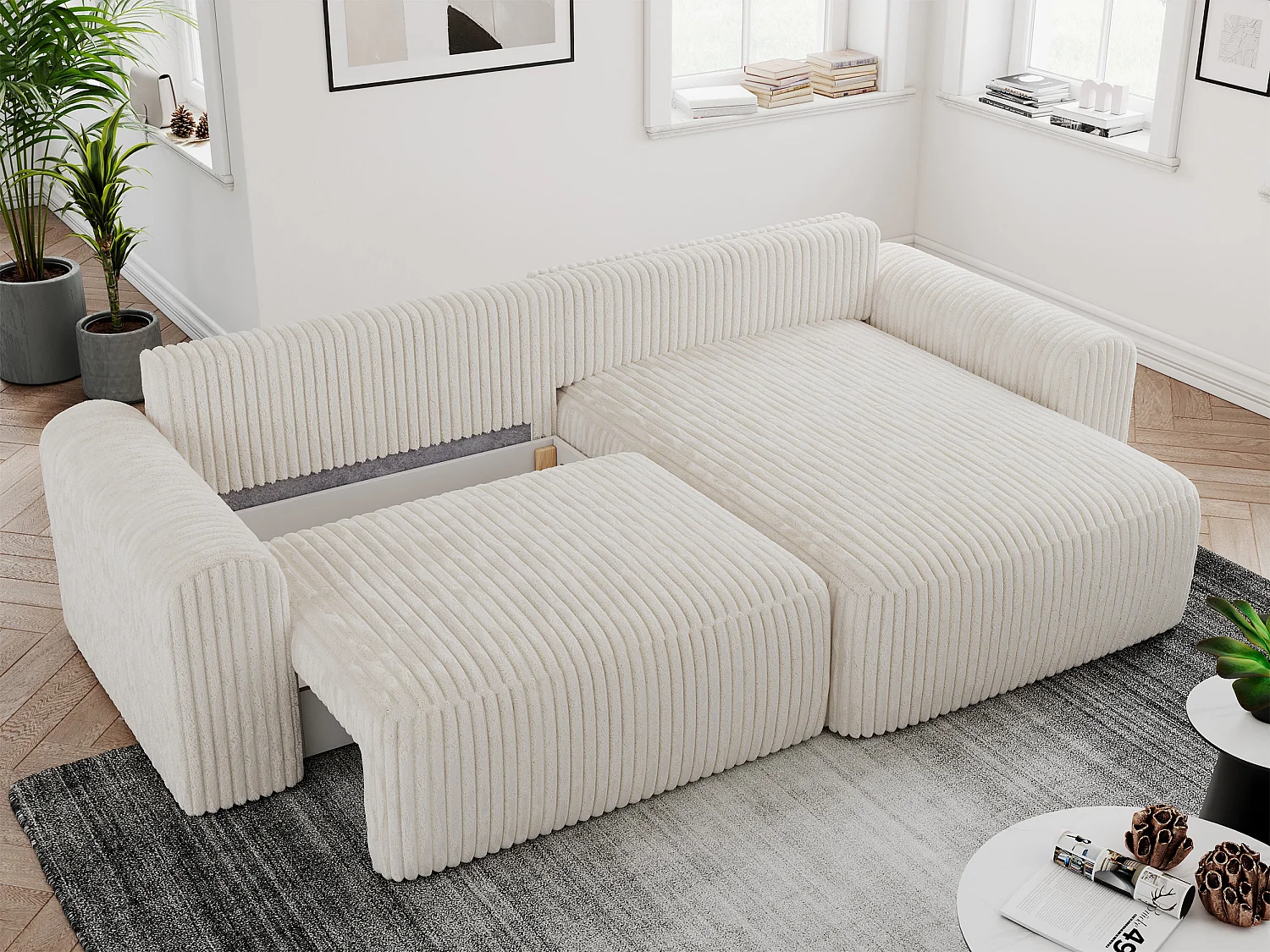 Ecksofa NELSON - Schlafcouch mit Armlehnen und Bettkasten, universelles L-förmige Ecksofa - Beige Cord