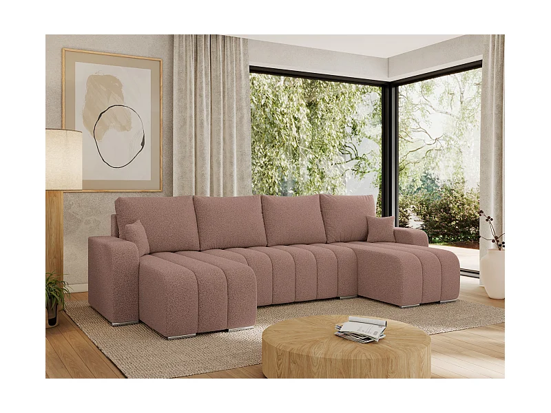 Ecksofa KIRASSO U - Wohnlandschaft, Schlaffunktion und Bettkasten, Couch U-form, lose Kissen - Rosa Boucle
