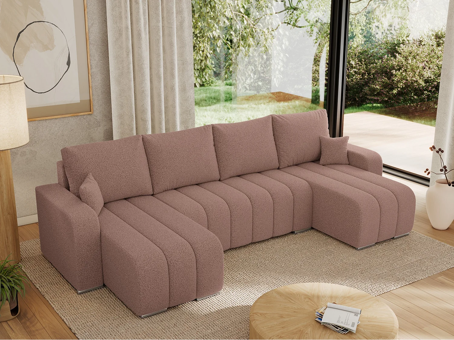 Ecksofa KIRASSO U - Wohnlandschaft, Schlaffunktion und Bettkasten, Couch U-form, lose Kissen - Rosa Boucle