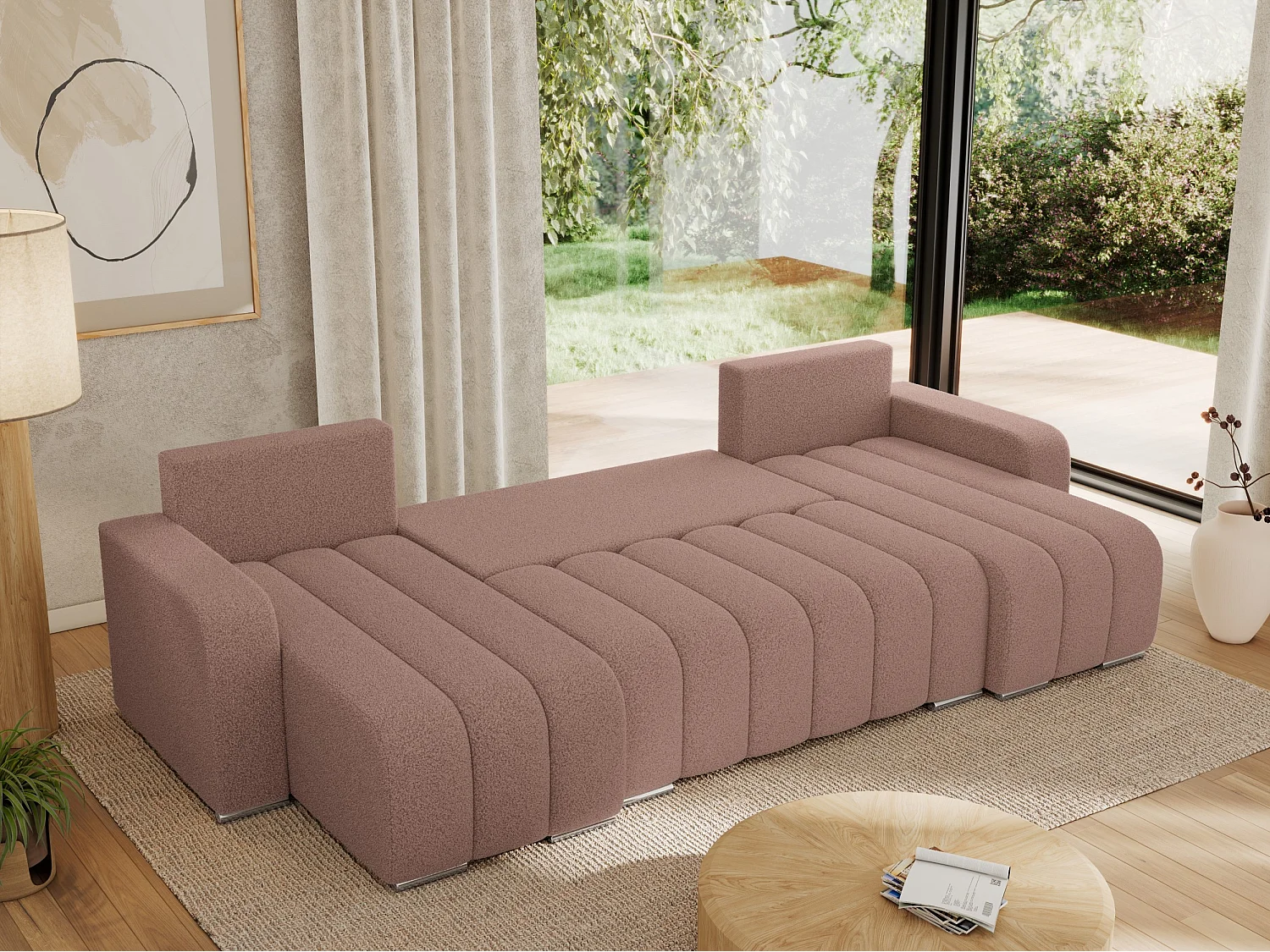 Ecksofa KIRASSO U - Wohnlandschaft, Schlaffunktion und Bettkasten, Couch U-form, lose Kissen - Rosa Boucle
