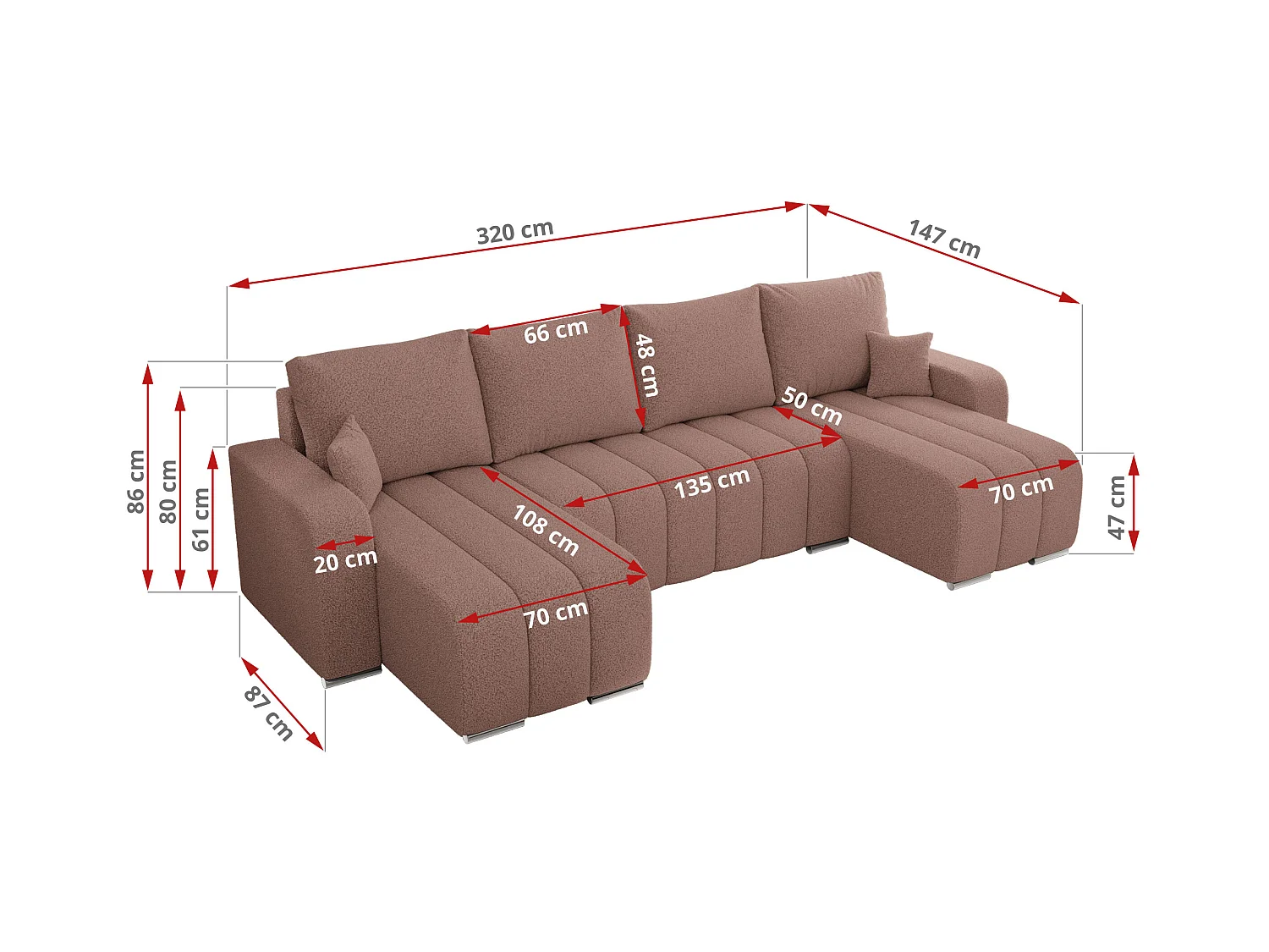 Ecksofa KIRASSO U - Wohnlandschaft, Schlaffunktion und Bettkasten, Couch U-form, lose Kissen - Rosa Boucle