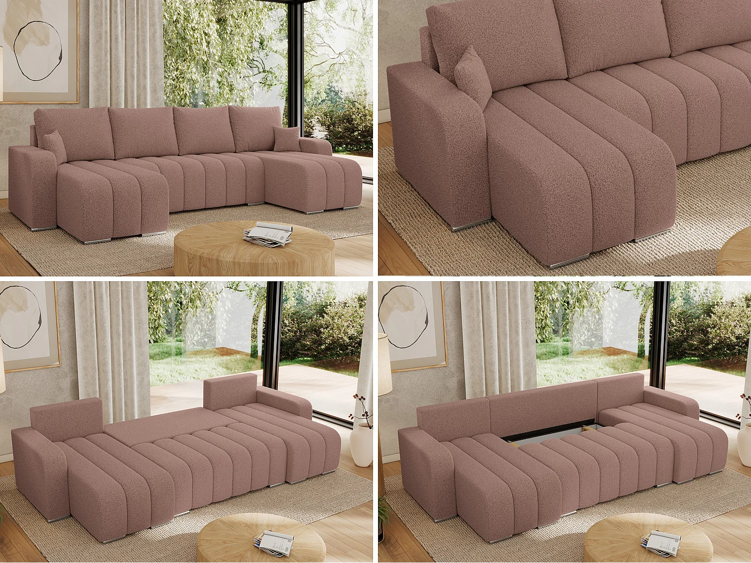 Ecksofa KIRASSO U - Wohnlandschaft, Schlaffunktion und Bettkasten, Couch U-form, lose Kissen - Rosa Boucle