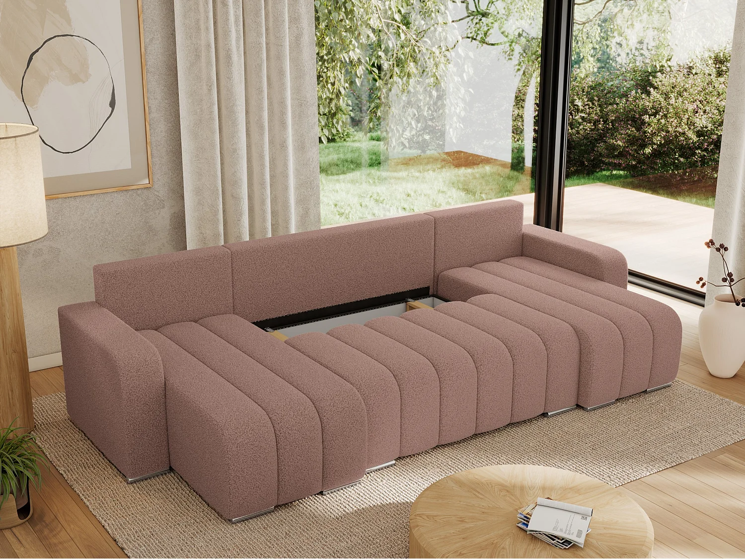 Ecksofa KIRASSO U - Wohnlandschaft, Schlaffunktion und Bettkasten, Couch U-form, lose Kissen - Rosa Boucle