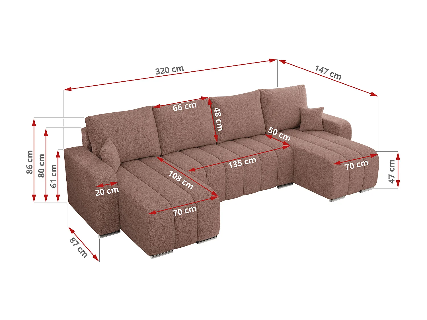 Ecksofa KIRASSO U - Wohnlandschaft, Schlaffunktion und Bettkasten, Couch U-form, lose Kissen - Rosa Boucle