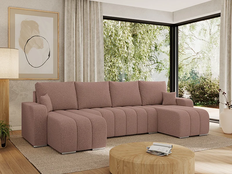 Ecksofa KIRASSO U - Wohnlandschaft, Schlaffunktion und Bettkasten, Couch U-form, lose Kissen - Rosa Boucle