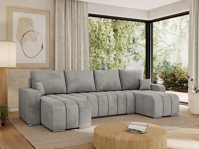 Ecksofa KIRASSO U - Wohnlandschaft, Schlaffunktion und Bettkasten, Couch U-form, lose Kissen - Hellgrau Velvet