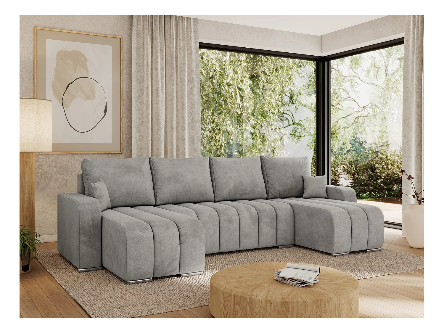 Ecksofa KIRASSO U - Wohnlandschaft, Schlaffunktion und Bettkasten, Couch U-form, lose Kissen - Hellgrau Velvet