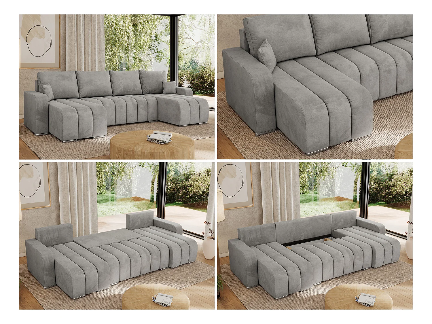 Ecksofa KIRASSO U - Wohnlandschaft, Schlaffunktion und Bettkasten, Couch U-form, lose Kissen - Hellgrau Velvet