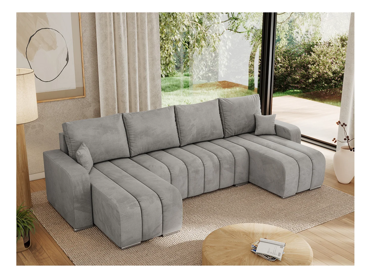 Ecksofa KIRASSO U - Wohnlandschaft, Schlaffunktion und Bettkasten, Couch U-form, lose Kissen - Hellgrau Velvet