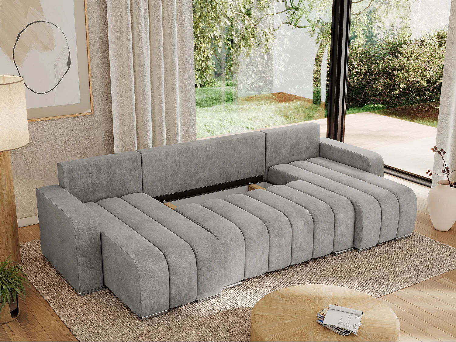 Ecksofa KIRASSO U - Wohnlandschaft, Schlaffunktion und Bettkasten, Couch U-form, lose Kissen - Hellgrau Velvet