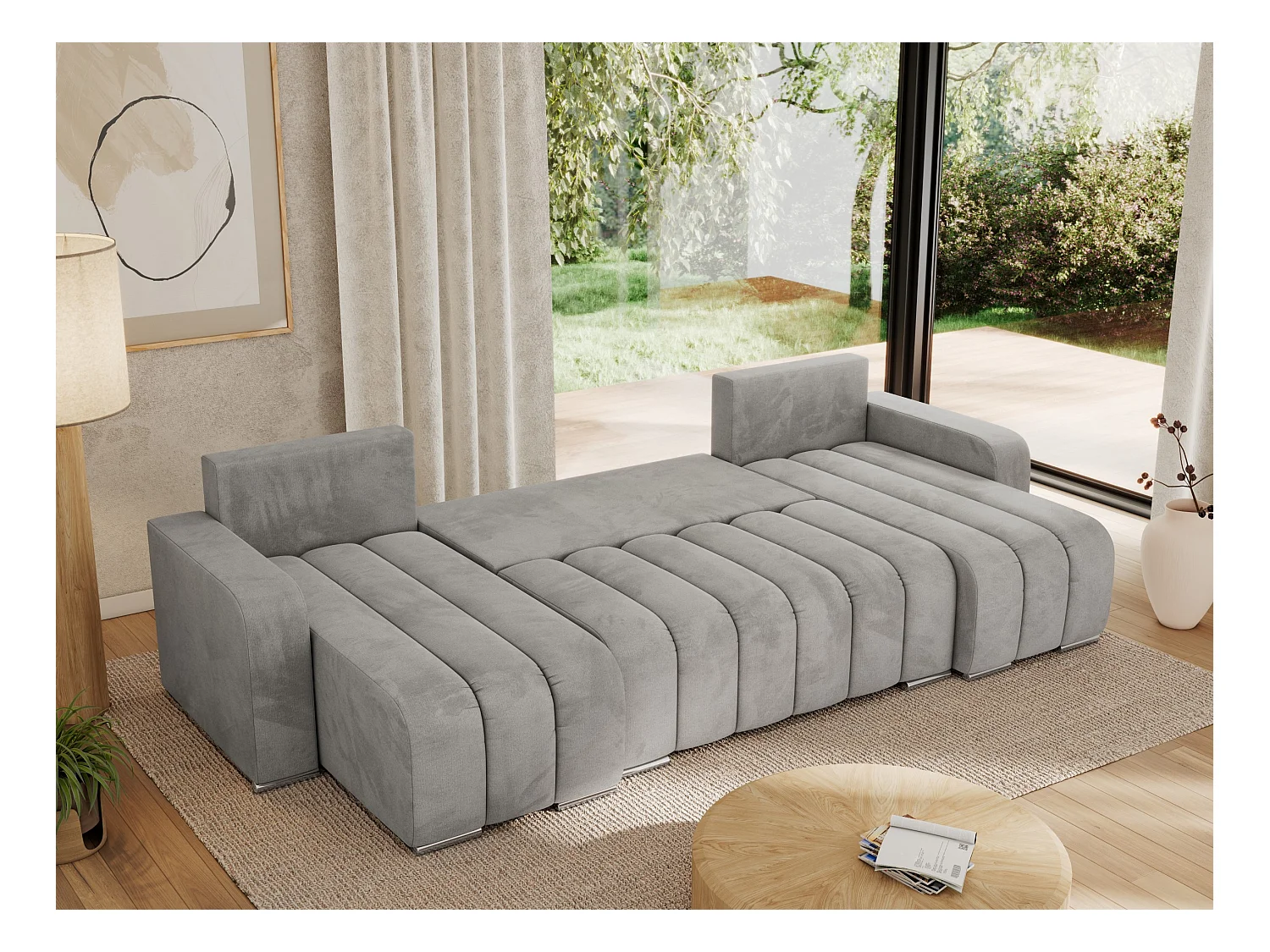 Ecksofa KIRASSO U - Wohnlandschaft, Schlaffunktion und Bettkasten, Couch U-form, lose Kissen - Hellgrau Velvet