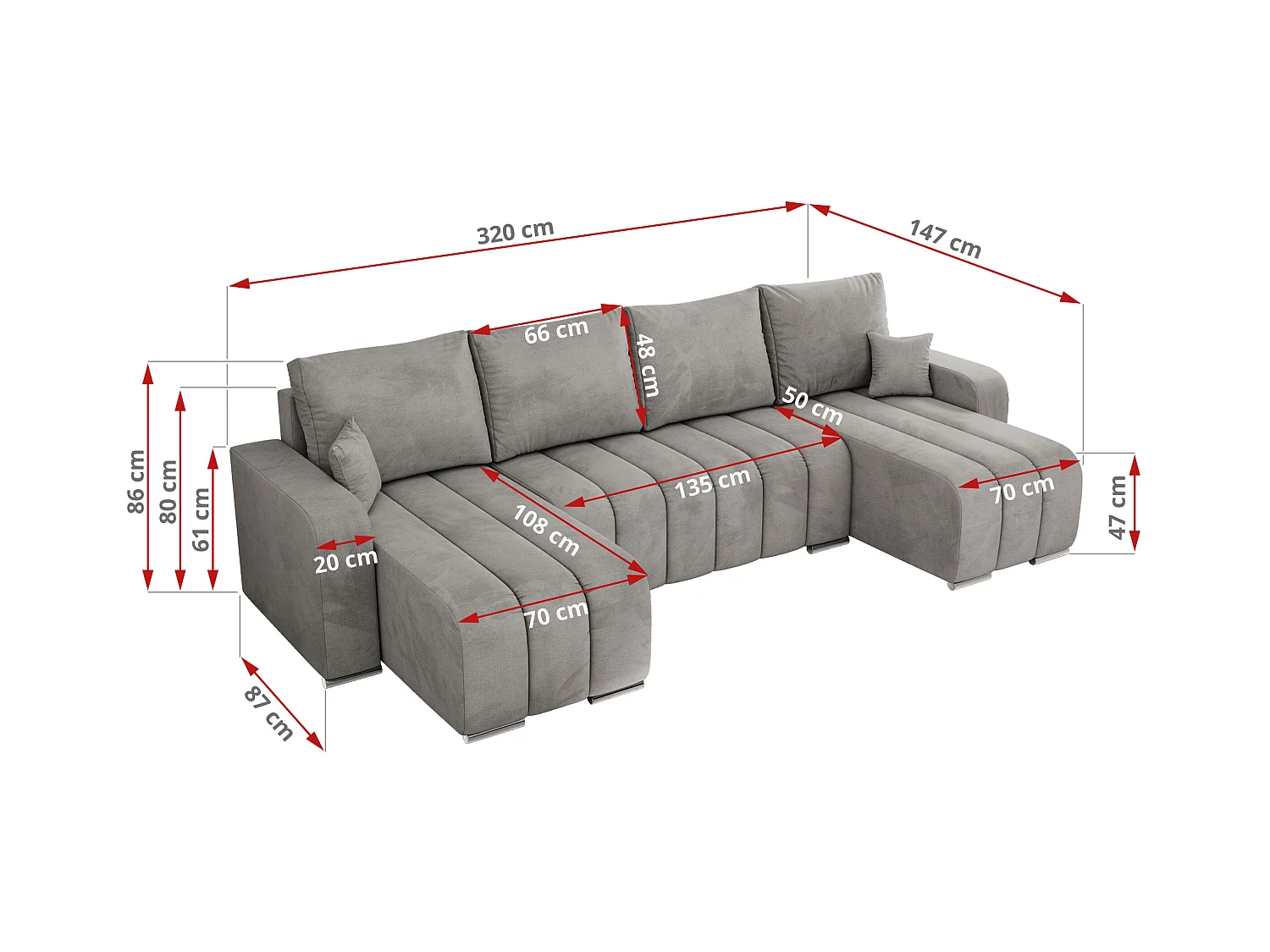 Ecksofa KIRASSO U - Wohnlandschaft, Schlaffunktion und Bettkasten, Couch U-form, lose Kissen - Hellgrau Velvet