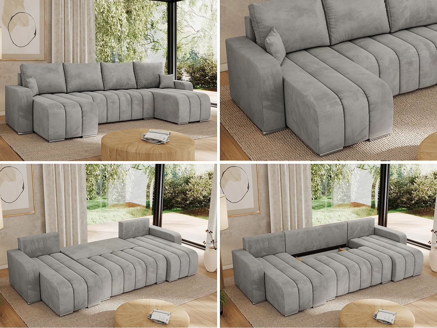 Ecksofa KIRASSO U - Wohnlandschaft, Schlaffunktion und Bettkasten, Couch U-form, lose Kissen - Hellgrau Velvet