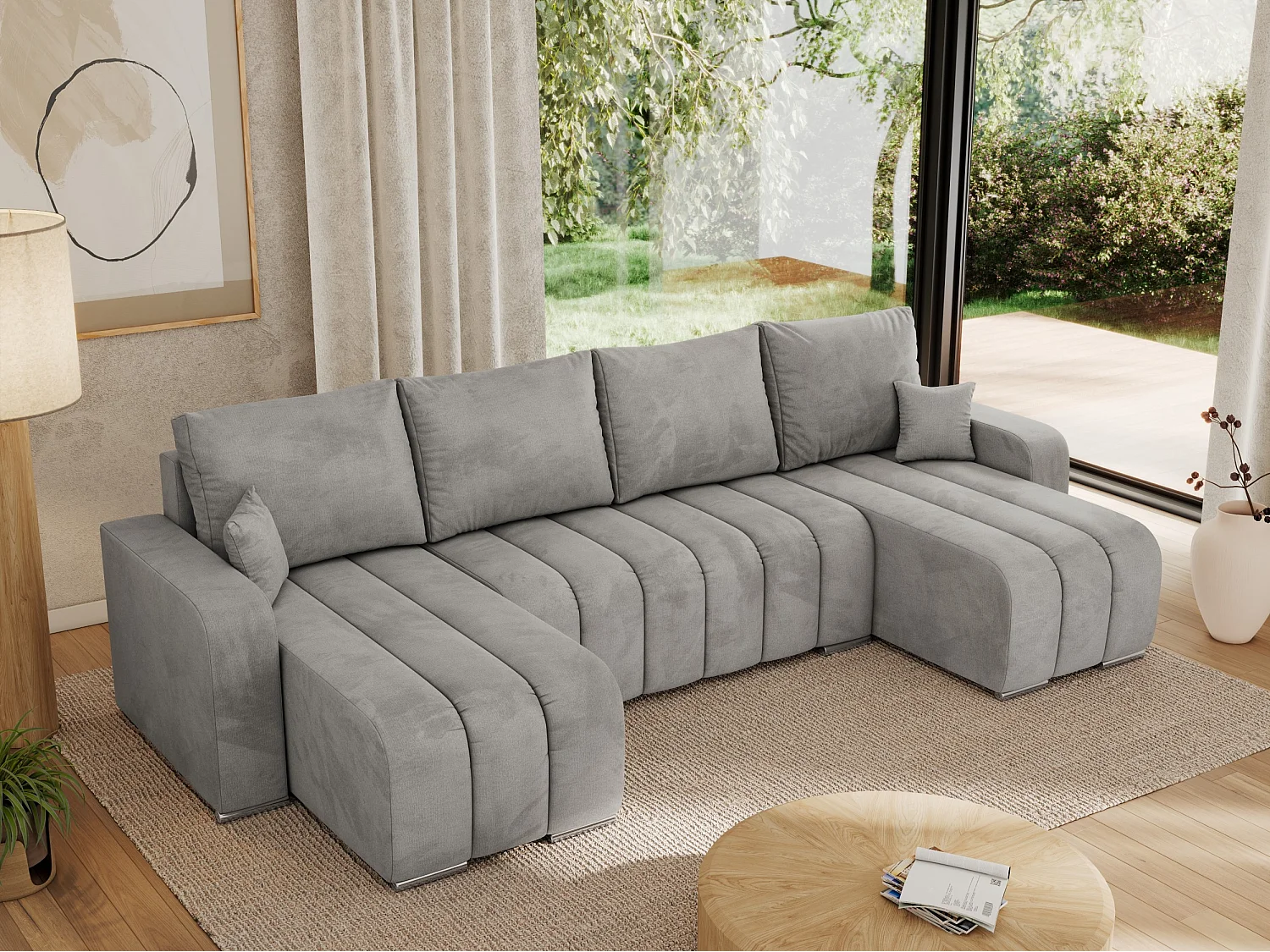 Ecksofa KIRASSO U - Wohnlandschaft, Schlaffunktion und Bettkasten, Couch U-form, lose Kissen - Hellgrau Velvet