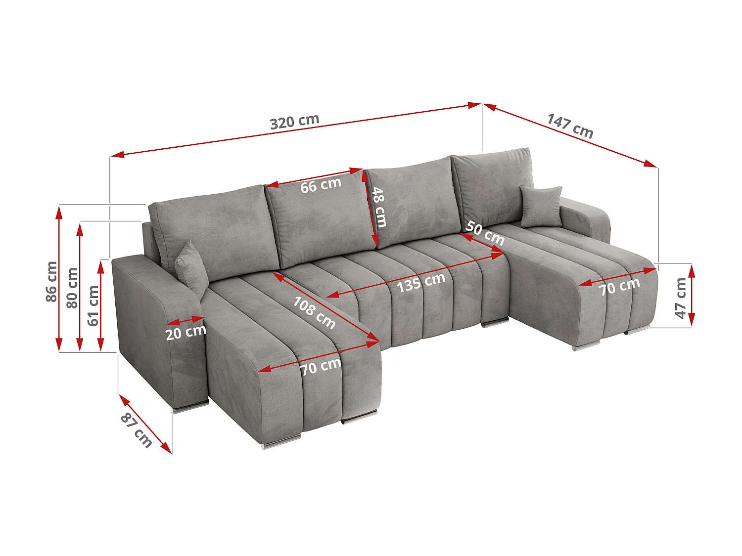 Ecksofa KIRASSO U - Wohnlandschaft, Schlaffunktion und Bettkasten, Couch U-form, lose Kissen - Hellgrau Velvet