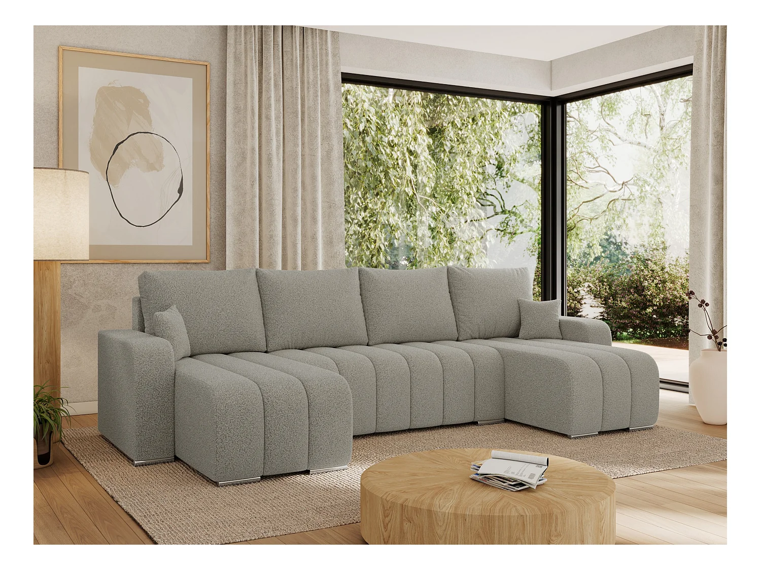 Ecksofa KIRASSO U - Wohnlandschaft, Schlaffunktion und Bettkasten, Couch U-form, lose Kissen - Hellgrau Boucle