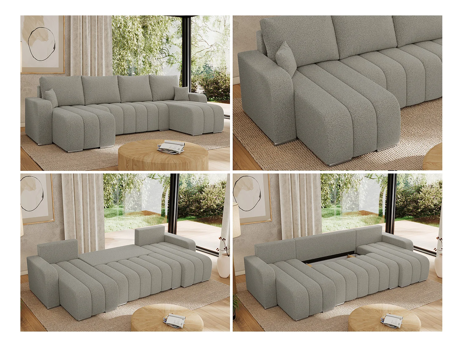 Ecksofa KIRASSO U - Wohnlandschaft, Schlaffunktion und Bettkasten, Couch U-form, lose Kissen - Hellgrau Boucle