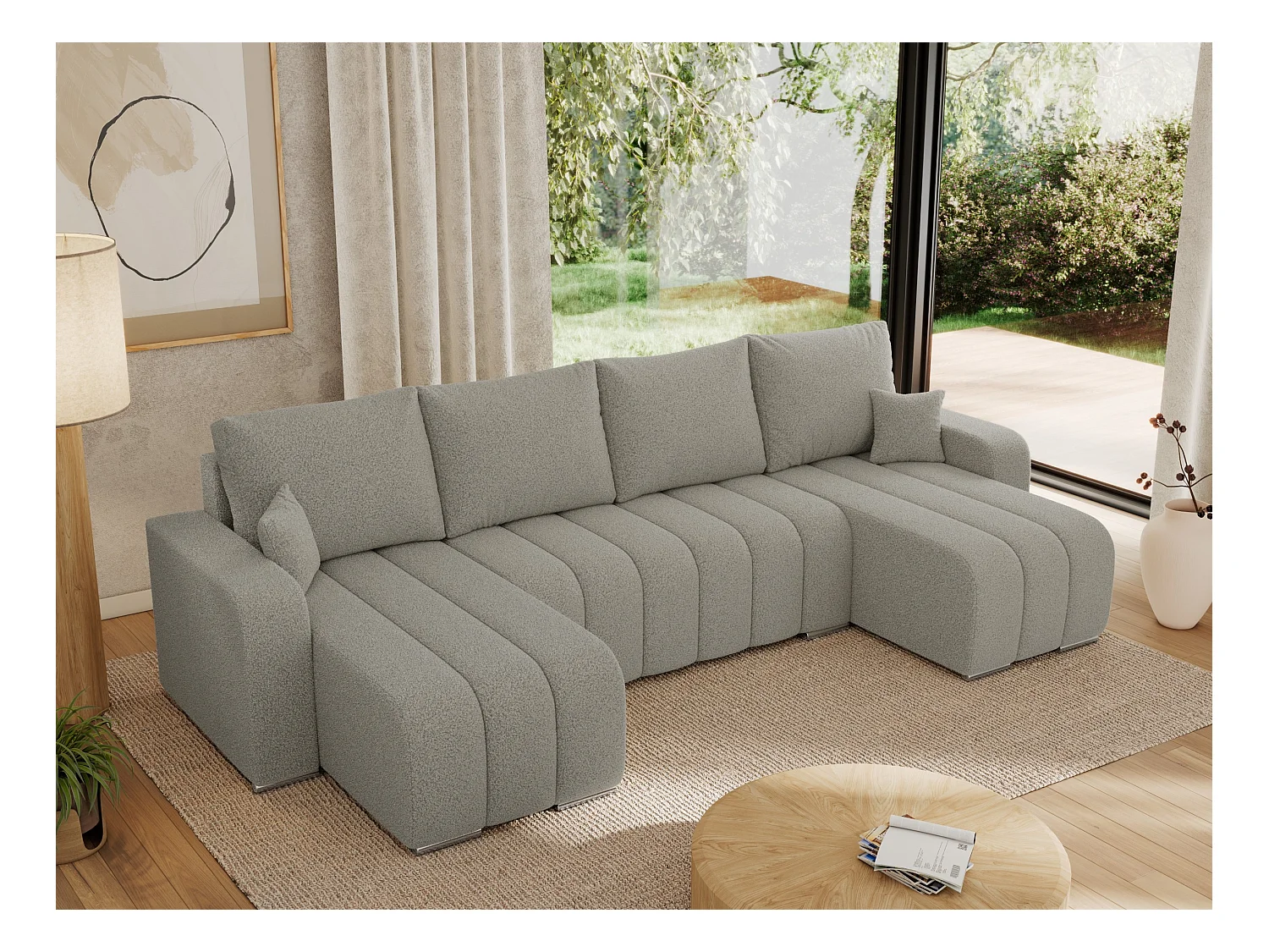 Ecksofa KIRASSO U - Wohnlandschaft, Schlaffunktion und Bettkasten, Couch U-form, lose Kissen - Hellgrau Boucle