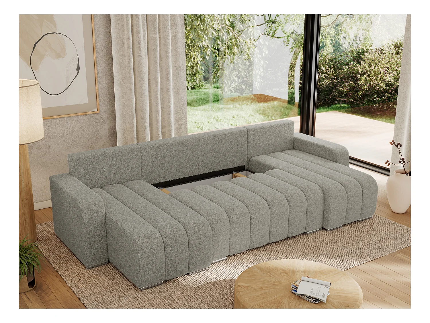 Ecksofa KIRASSO U - Wohnlandschaft, Schlaffunktion und Bettkasten, Couch U-form, lose Kissen - Hellgrau Boucle