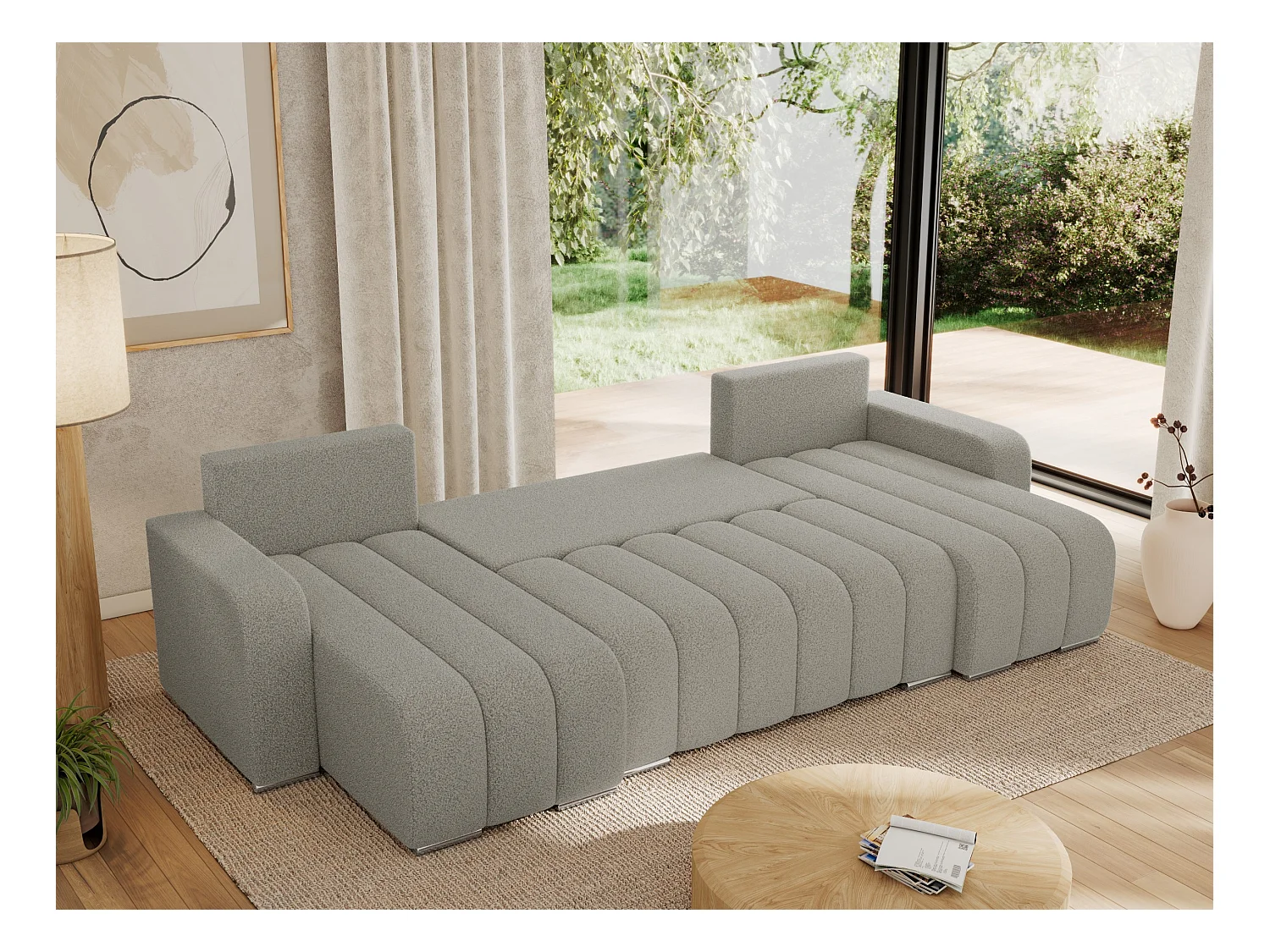 Ecksofa KIRASSO U - Wohnlandschaft, Schlaffunktion und Bettkasten, Couch U-form, lose Kissen - Hellgrau Boucle