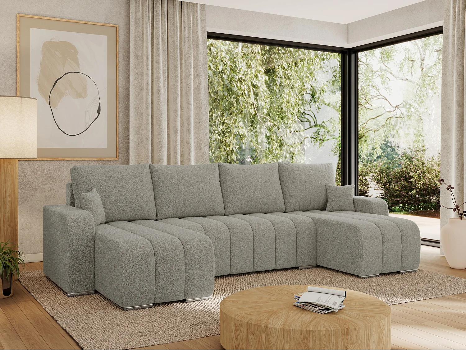 Ecksofa KIRASSO U - Wohnlandschaft, Schlaffunktion und Bettkasten, Couch U-form, lose Kissen - Hellgrau Boucle