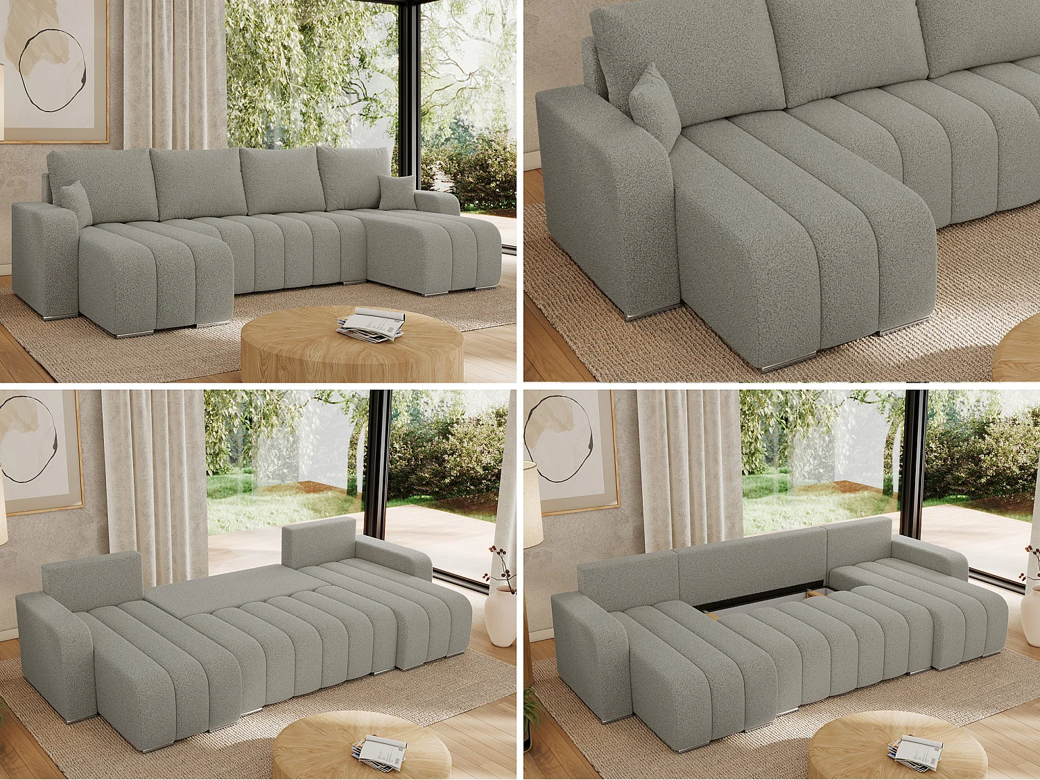 Ecksofa KIRASSO U - Wohnlandschaft, Schlaffunktion und Bettkasten, Couch U-form, lose Kissen - Hellgrau Boucle