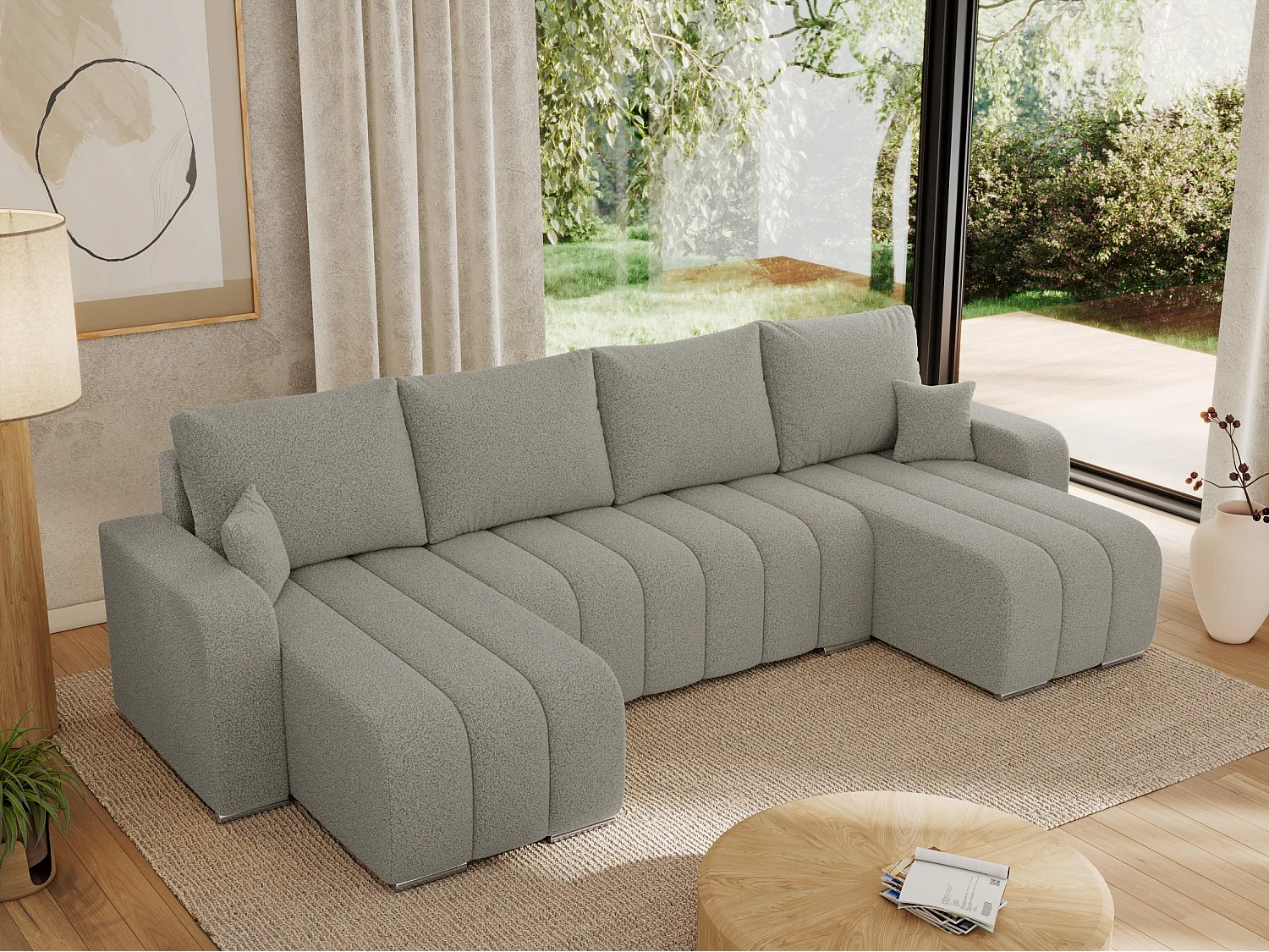 Ecksofa KIRASSO U - Wohnlandschaft, Schlaffunktion und Bettkasten, Couch U-form, lose Kissen - Hellgrau Boucle