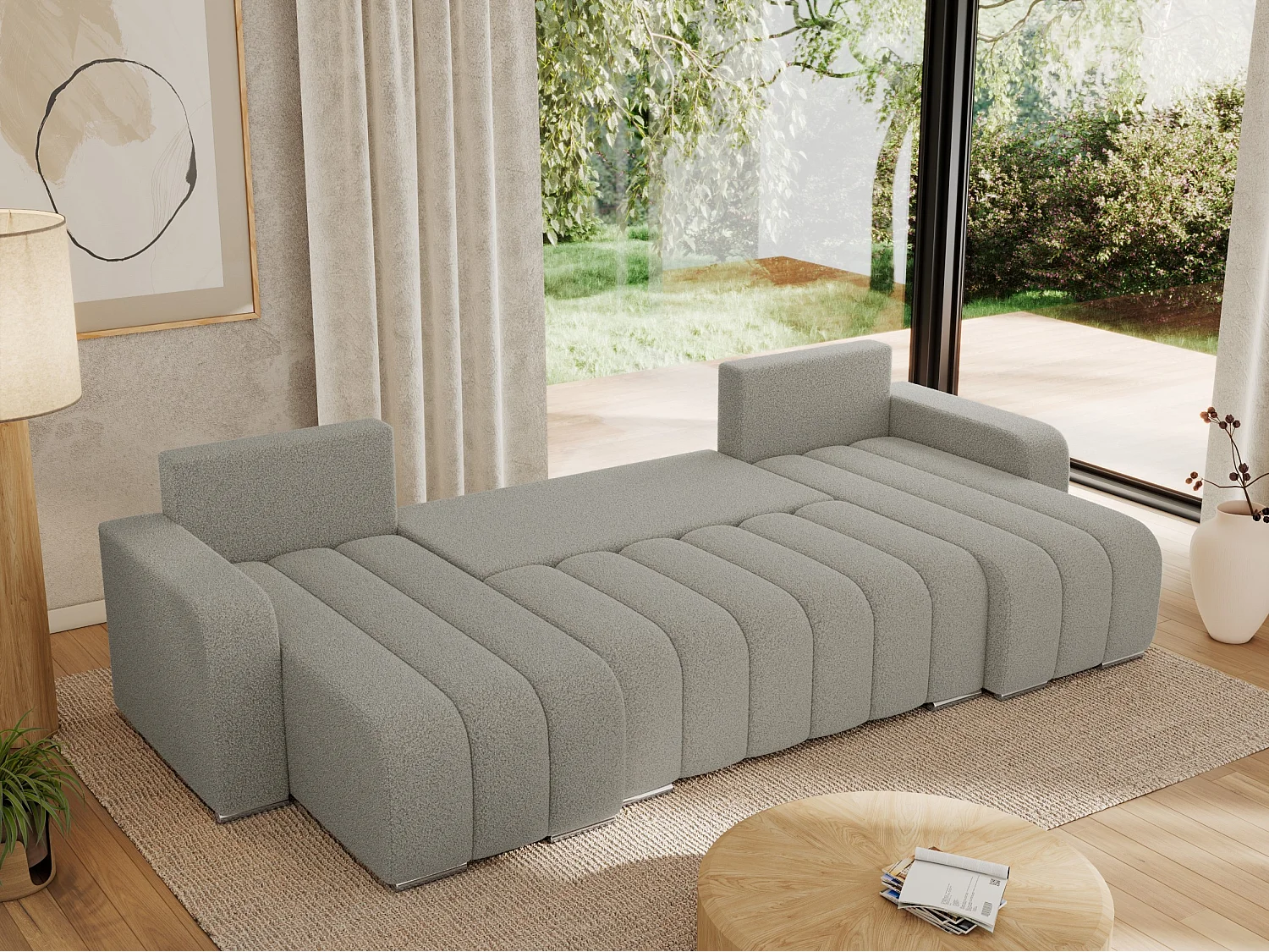 Ecksofa KIRASSO U - Wohnlandschaft, Schlaffunktion und Bettkasten, Couch U-form, lose Kissen - Hellgrau Boucle