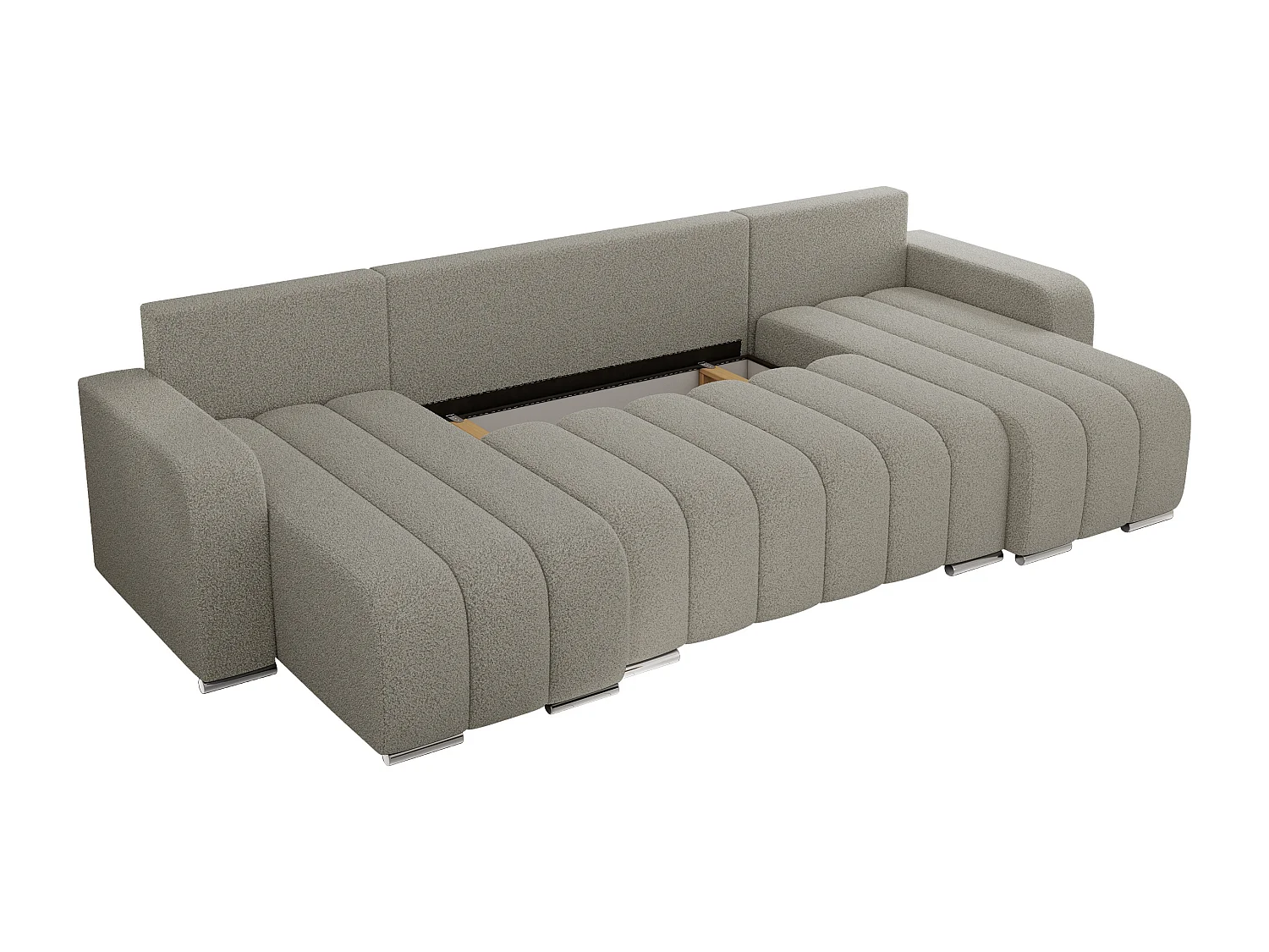 Ecksofa KIRASSO U - Wohnlandschaft, Schlaffunktion und Bettkasten, Couch U-form, lose Kissen - Hellgrau Boucle