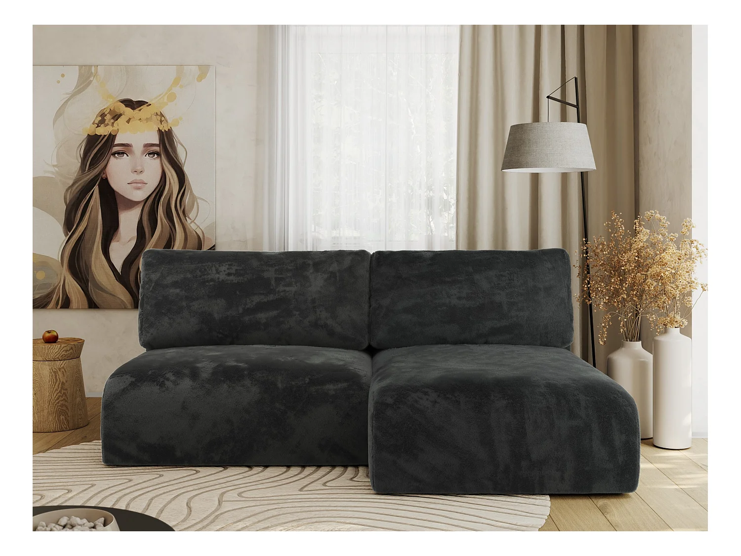Ecksofa VIVO - L-form Couch mit Schlaffunktion und Bettkasten, Wellenfeder - Dunkelgrau Plüsch - Ecke Rechts