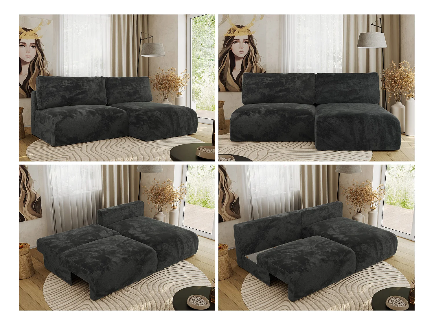 Ecksofa VIVO - L-form Couch mit Schlaffunktion und Bettkasten, Wellenfeder - Dunkelgrau Plüsch - Ecke Rechts