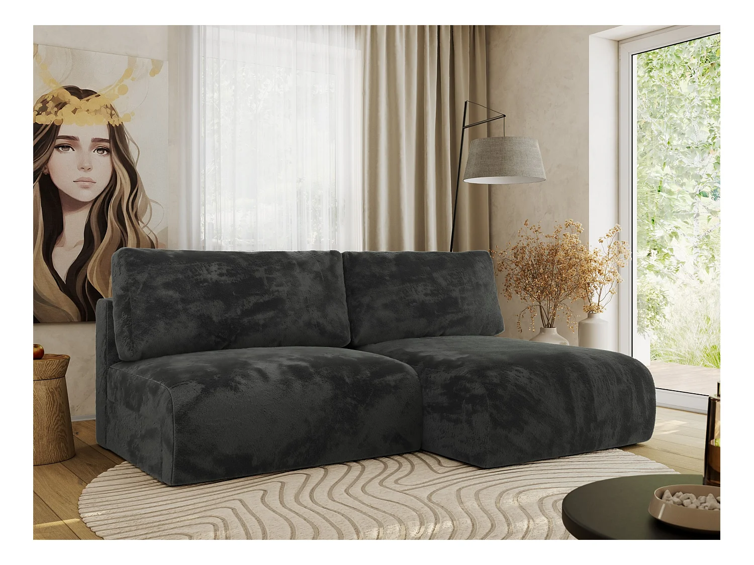 Ecksofa VIVO - L-form Couch mit Schlaffunktion und Bettkasten, Wellenfeder - Dunkelgrau Plüsch - Ecke Rechts
