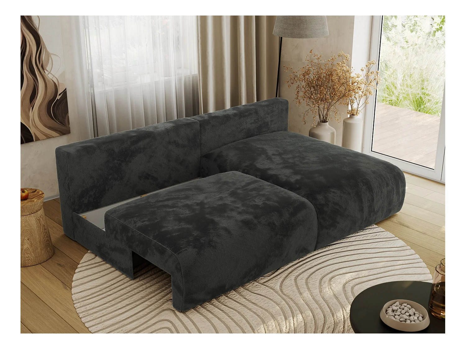 Ecksofa VIVO - L-form Couch mit Schlaffunktion und Bettkasten, Wellenfeder - Dunkelgrau Plüsch - Ecke Rechts