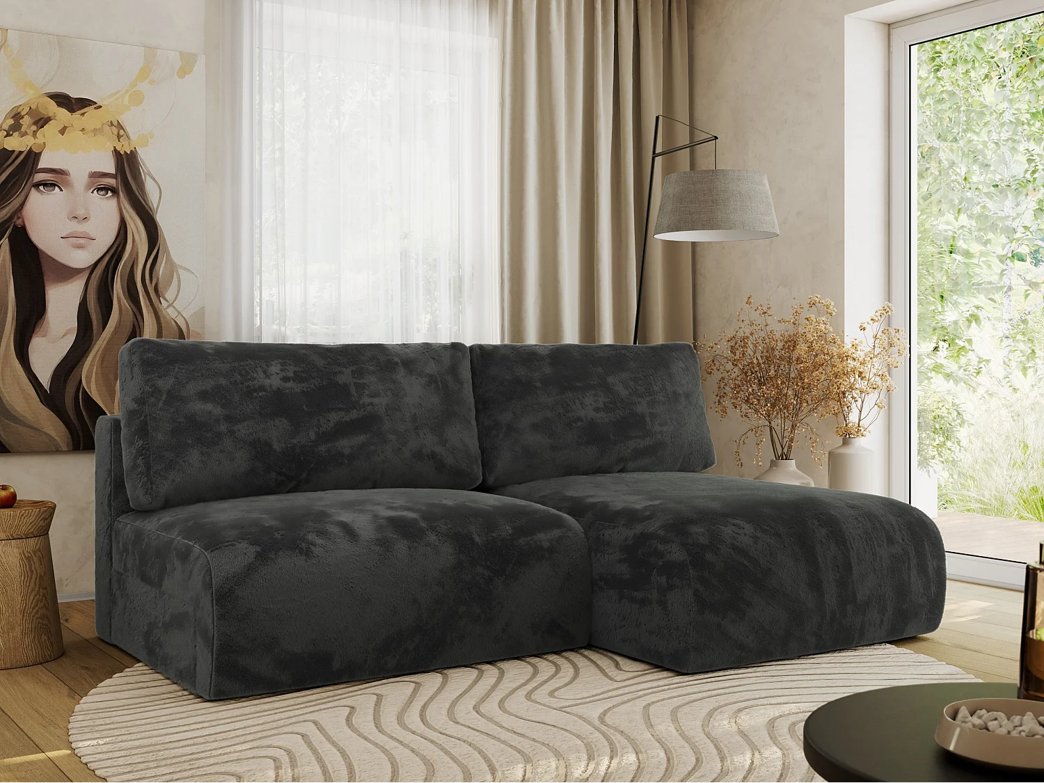 Ecksofa VIVO - L-form Couch mit Schlaffunktion und Bettkasten, Wellenfeder - Dunkelgrau Plüsch - Ecke Rechts