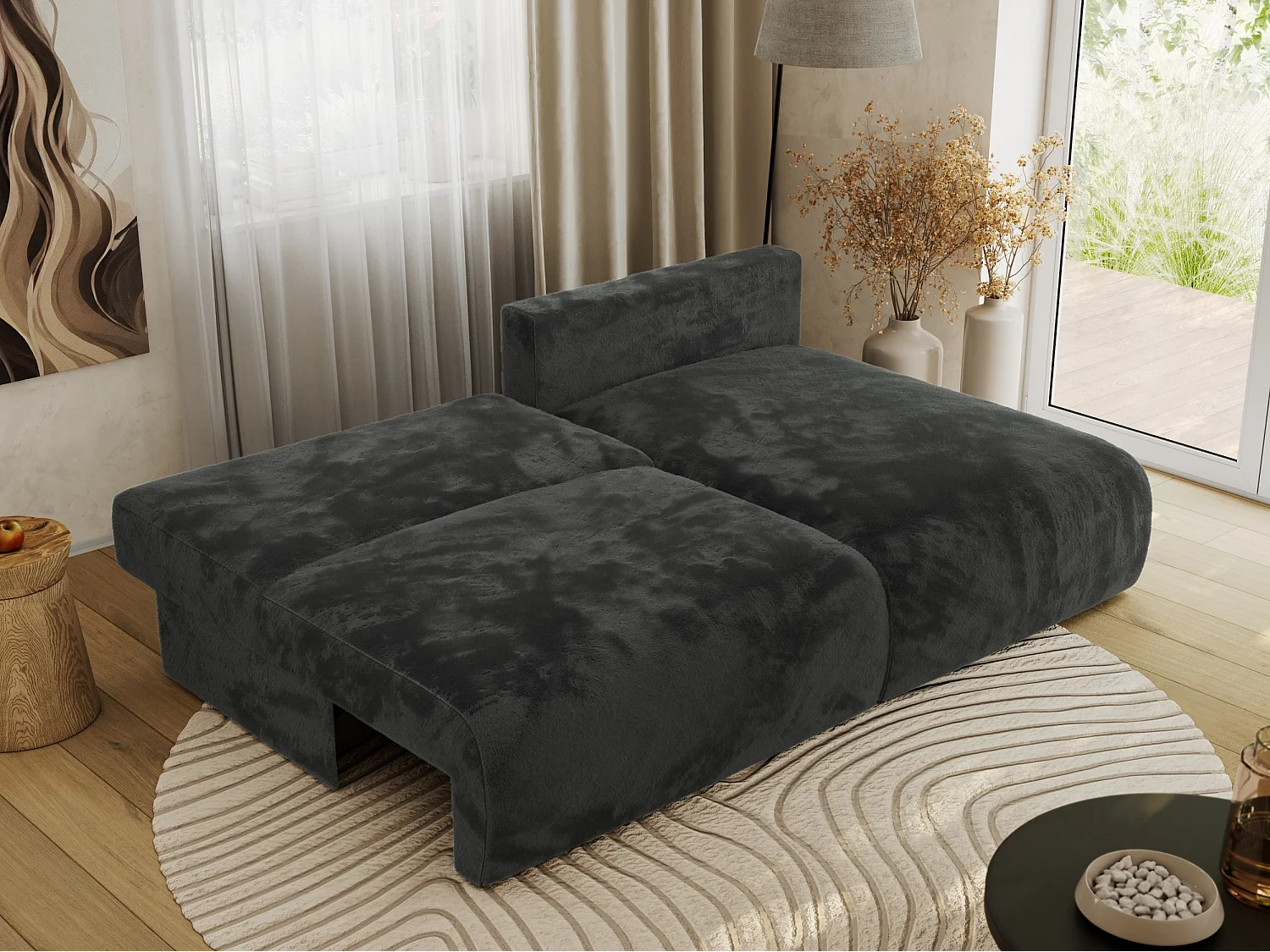 Ecksofa VIVO - L-form Couch mit Schlaffunktion und Bettkasten, Wellenfeder - Dunkelgrau Plüsch - Ecke Rechts