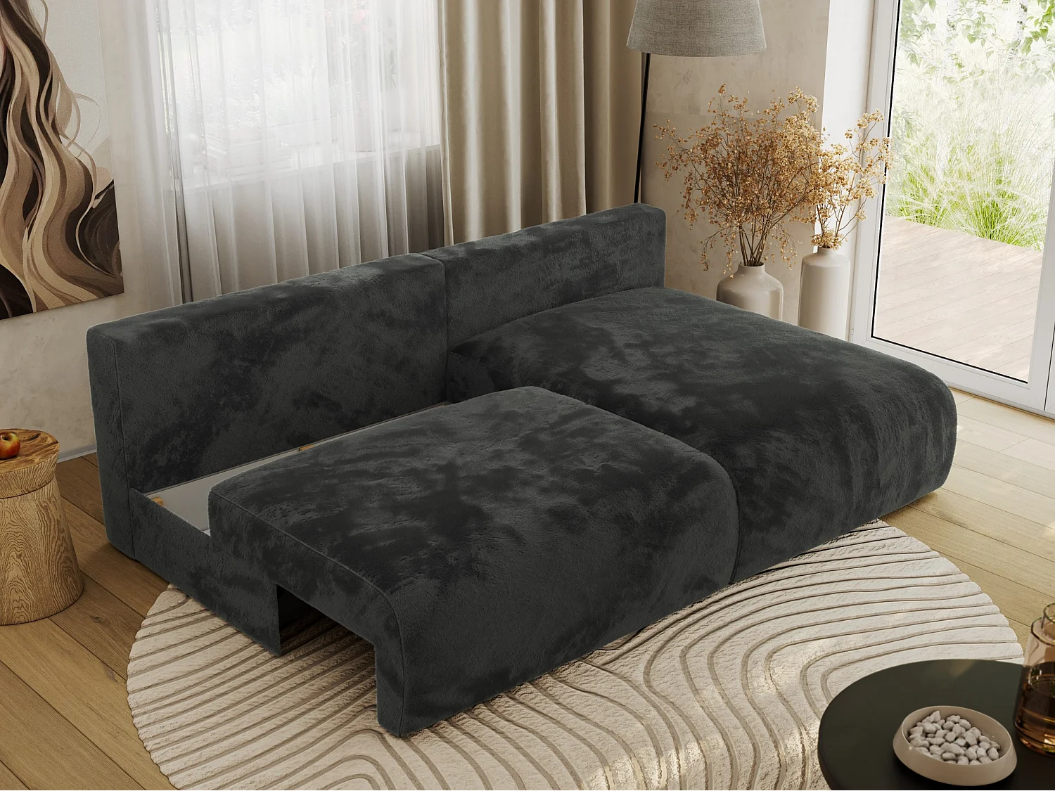 Ecksofa VIVO - L-form Couch mit Schlaffunktion und Bettkasten, Wellenfeder - Dunkelgrau Plüsch - Ecke Rechts