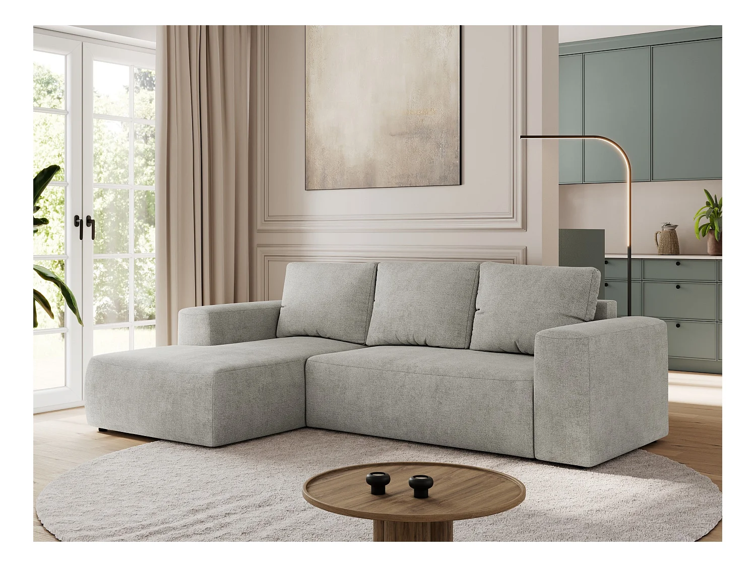Ecksofa TRENTINO - mit Schlaffunktion und Bettkasten, L-form Couch, lose Kissen und Armlehnen - Hellgrau Stukture - Ecke Links