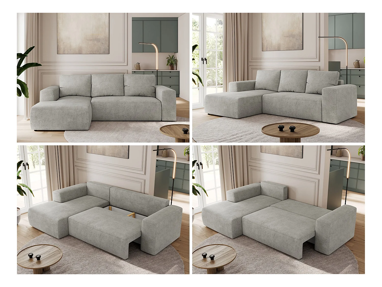 Ecksofa TRENTINO - mit Schlaffunktion und Bettkasten, L-form Couch, lose Kissen und Armlehnen - Hellgrau Stukture - Ecke Links