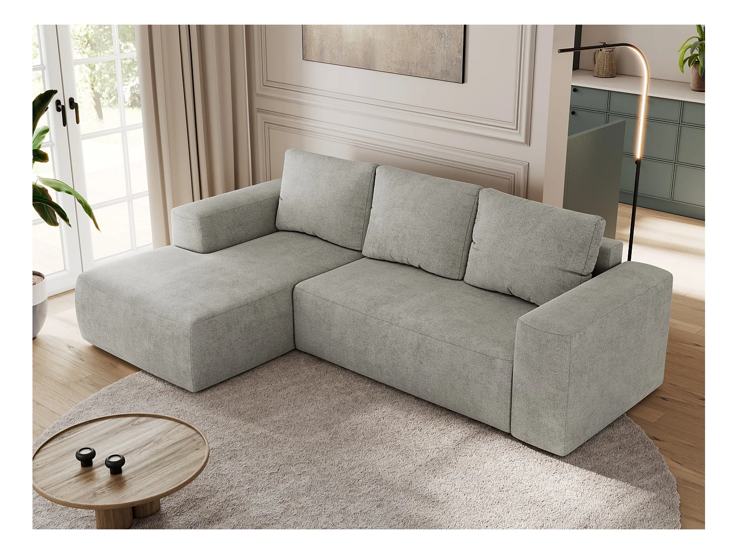 Ecksofa TRENTINO - mit Schlaffunktion und Bettkasten, L-form Couch, lose Kissen und Armlehnen - Hellgrau Stukture - Ecke Links