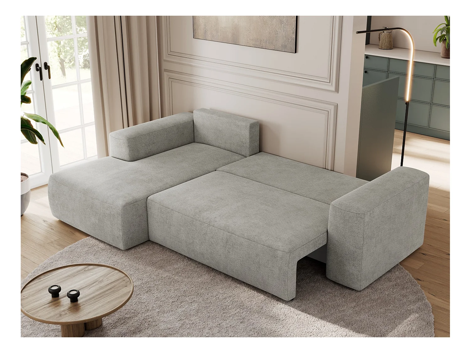 Ecksofa TRENTINO - mit Schlaffunktion und Bettkasten, L-form Couch, lose Kissen und Armlehnen - Hellgrau Stukture - Ecke Links