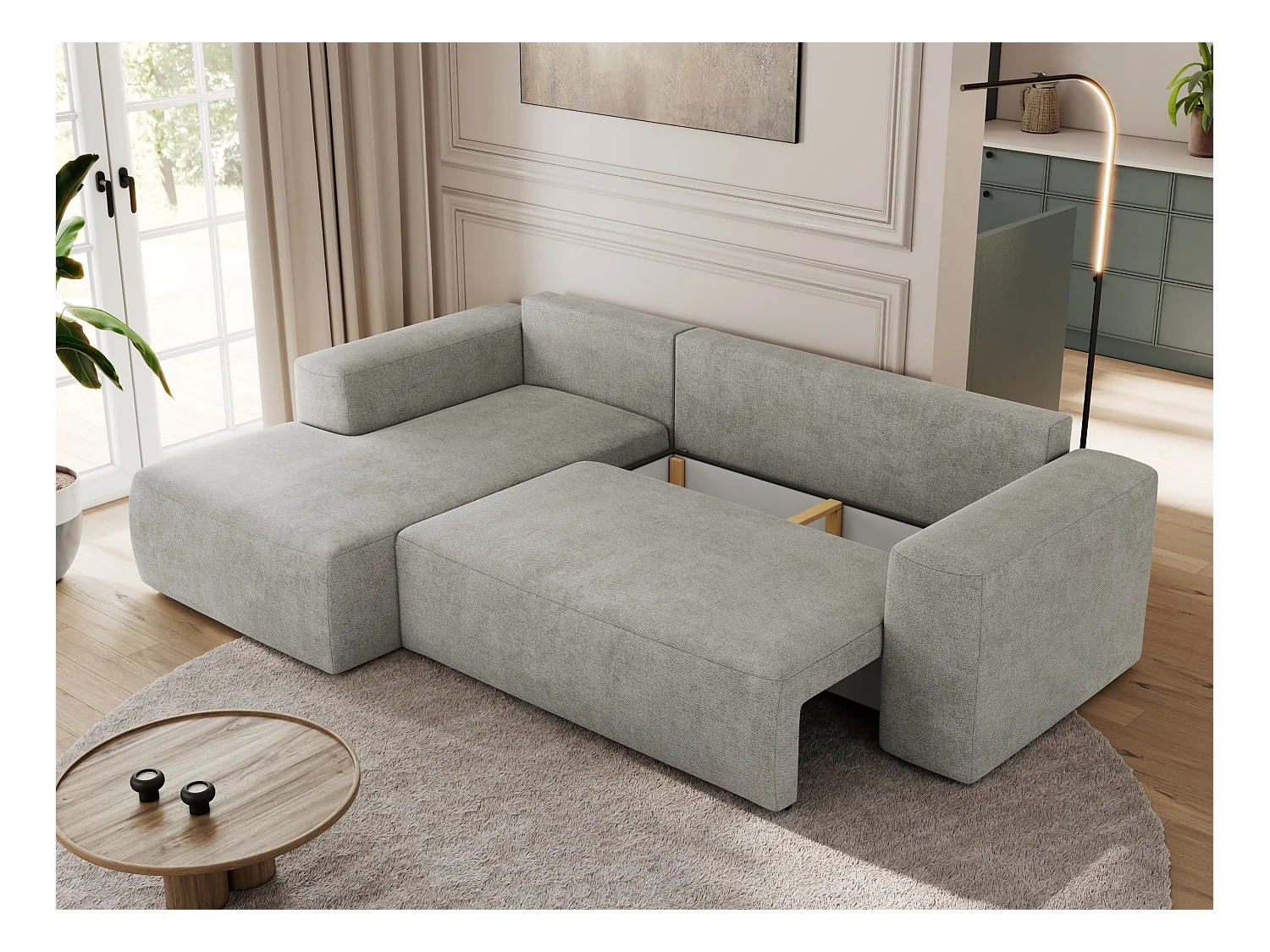 Ecksofa TRENTINO - mit Schlaffunktion und Bettkasten, L-form Couch, lose Kissen und Armlehnen - Hellgrau Stukture - Ecke Links