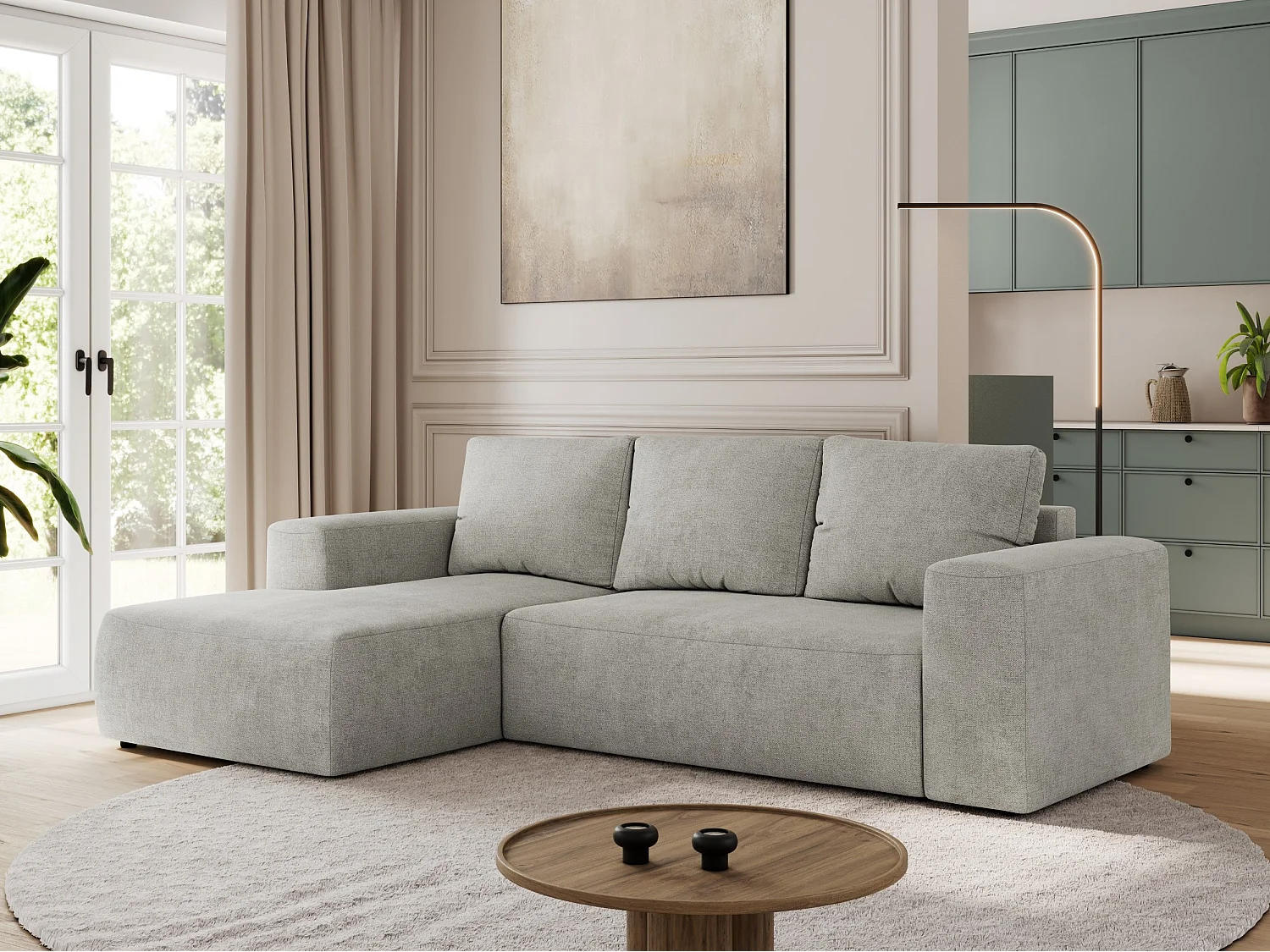 Ecksofa TRENTINO - mit Schlaffunktion und Bettkasten, L-form Couch, lose Kissen und Armlehnen - Hellgrau Stukture - Ecke Links