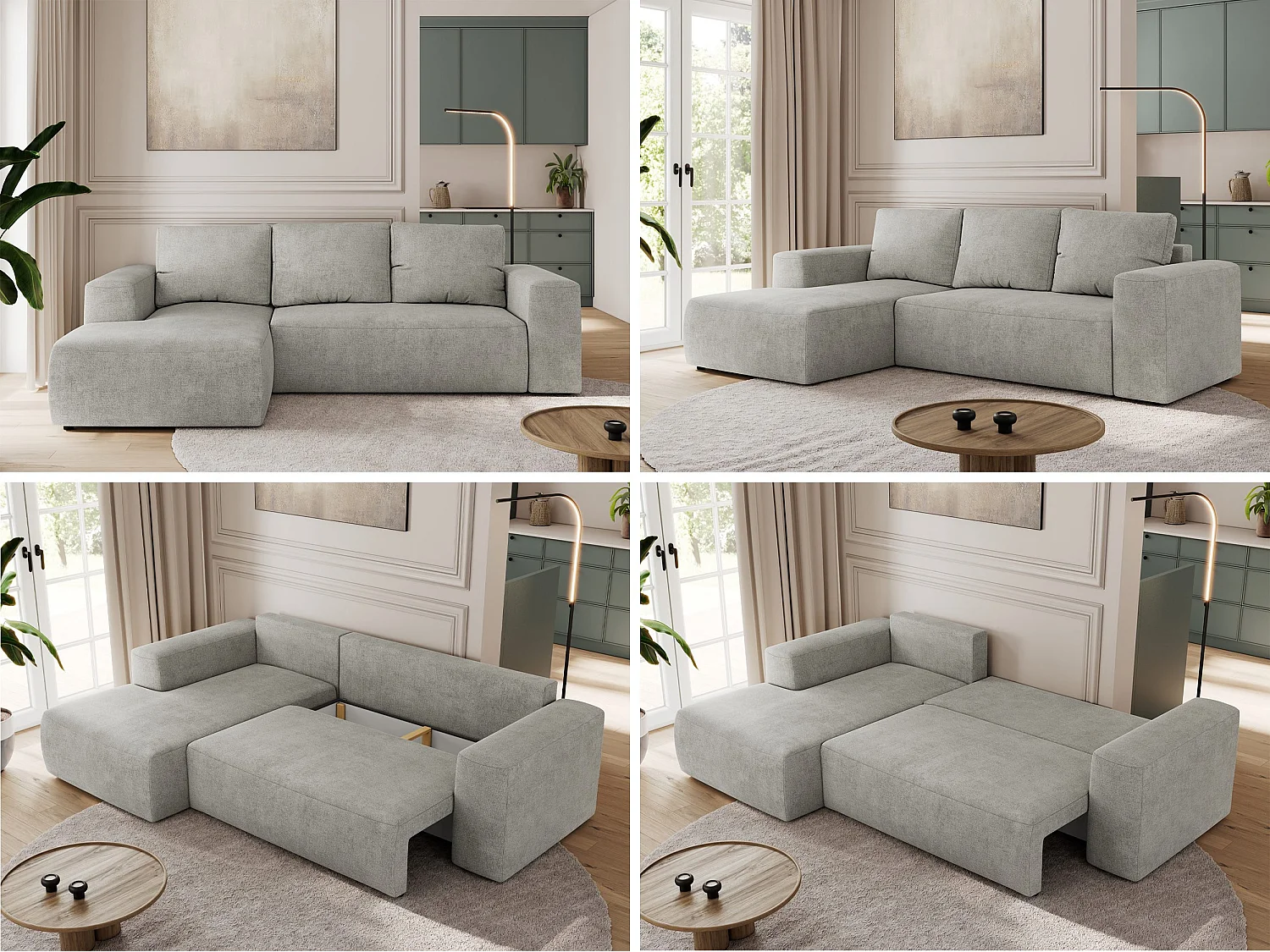 Ecksofa TRENTINO - mit Schlaffunktion und Bettkasten, L-form Couch, lose Kissen und Armlehnen - Hellgrau Stukture - Ecke Links