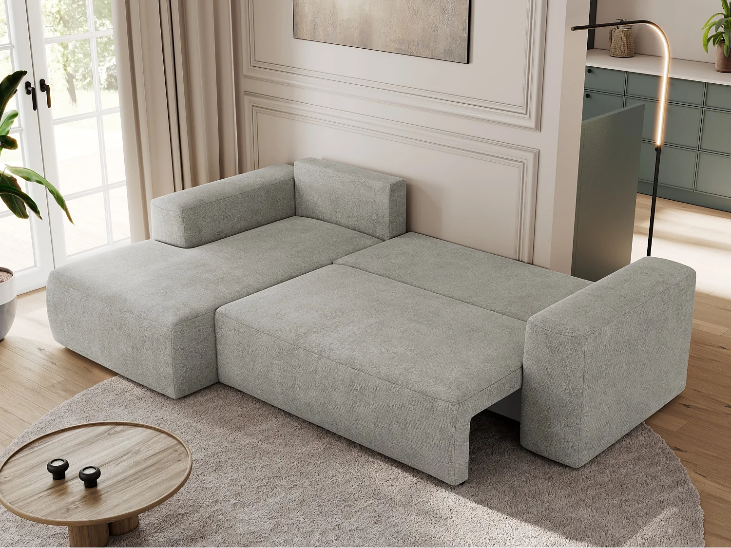 Ecksofa TRENTINO - mit Schlaffunktion und Bettkasten, L-form Couch, lose Kissen und Armlehnen - Hellgrau Stukture - Ecke Links