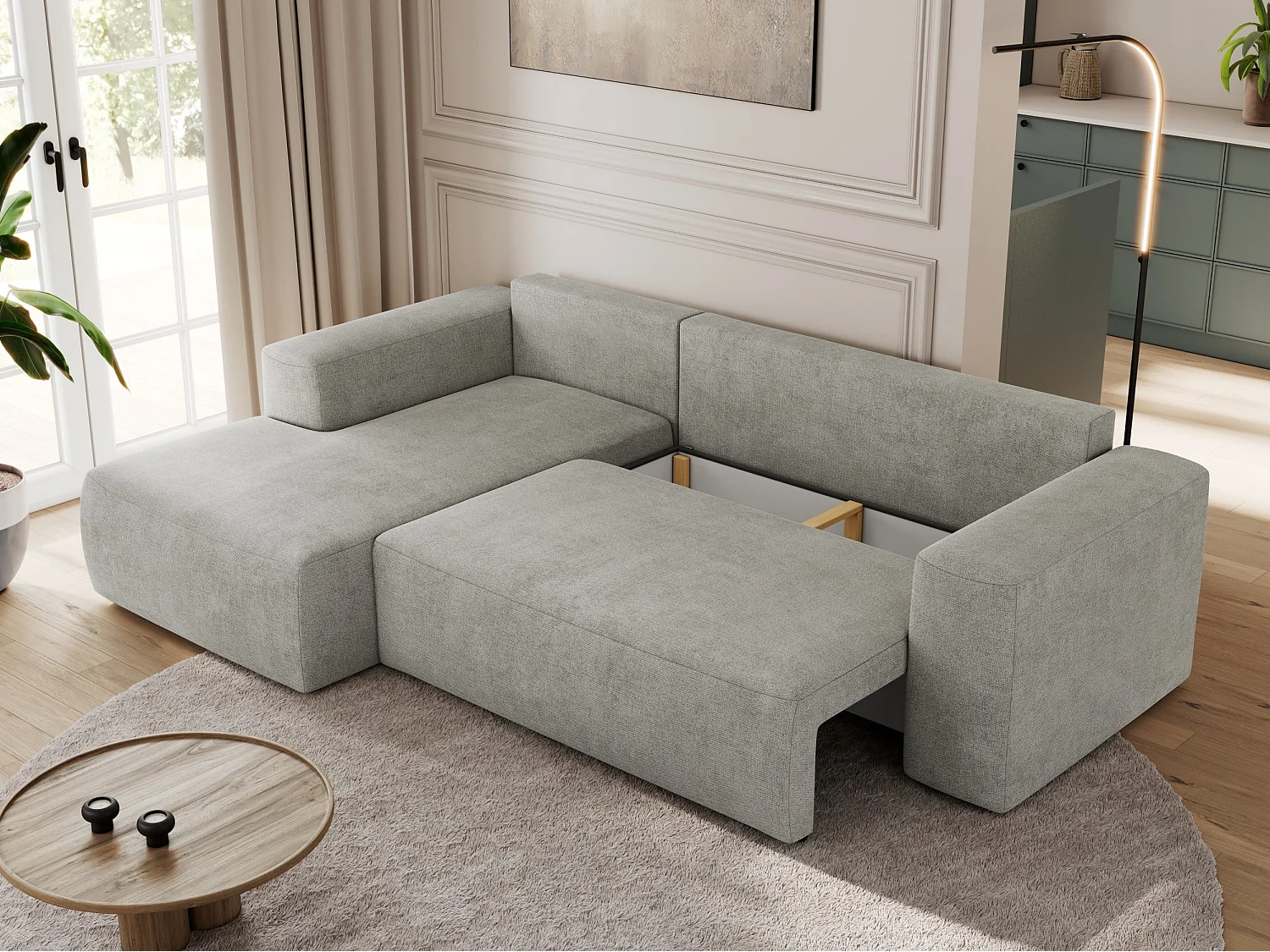 Ecksofa TRENTINO - mit Schlaffunktion und Bettkasten, L-form Couch, lose Kissen und Armlehnen - Hellgrau Stukture - Ecke Links