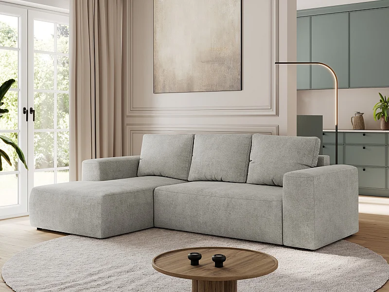 Ecksofa TRENTINO - mit Schlaffunktion und Bettkasten, L-form Couch, lose Kissen und Armlehnen - Hellgrau Stukture - Ecke Links